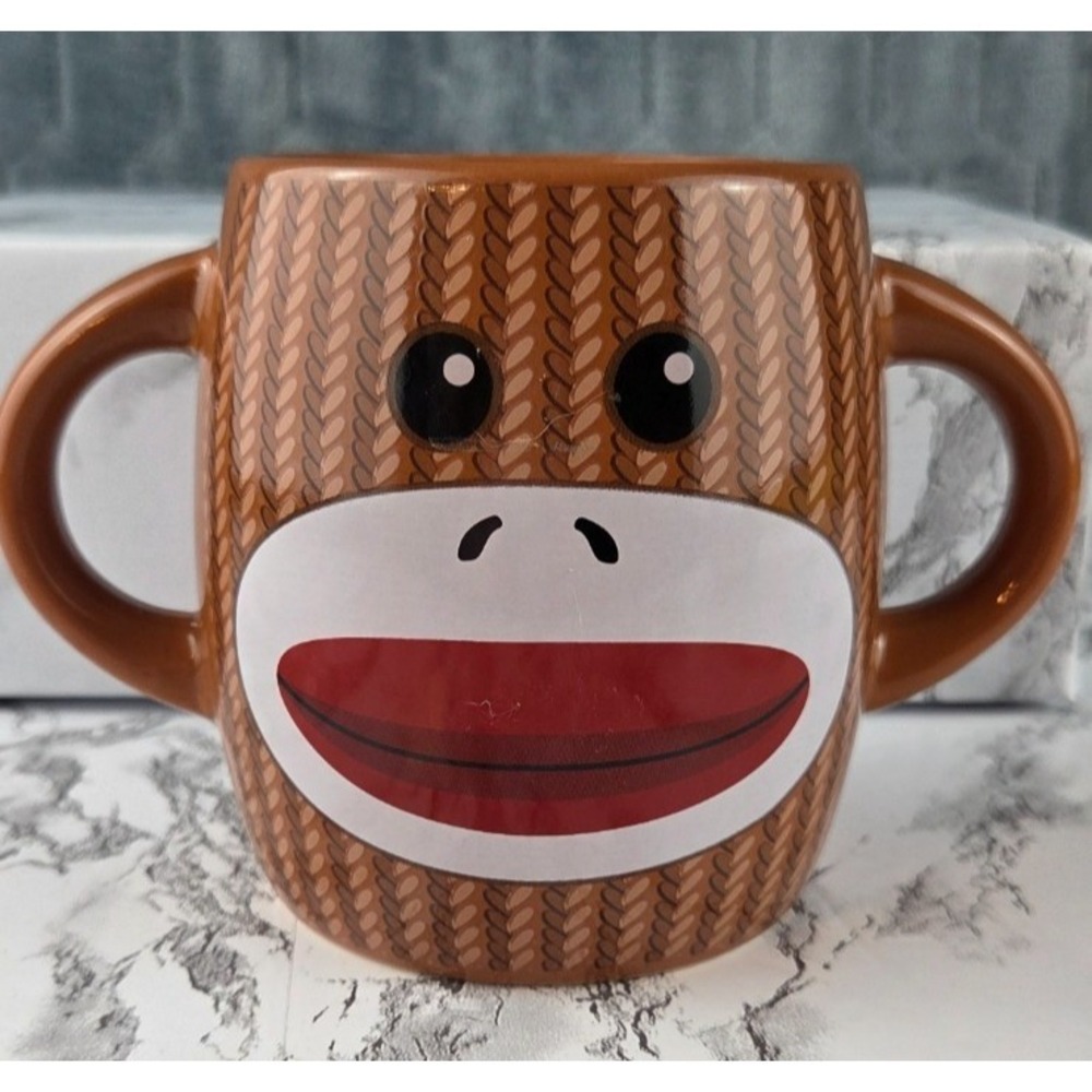 SOCK MONKEY MUG Two Handles for HOT COCOA / SOUP‎ /  MILK 4" Brown Stripes